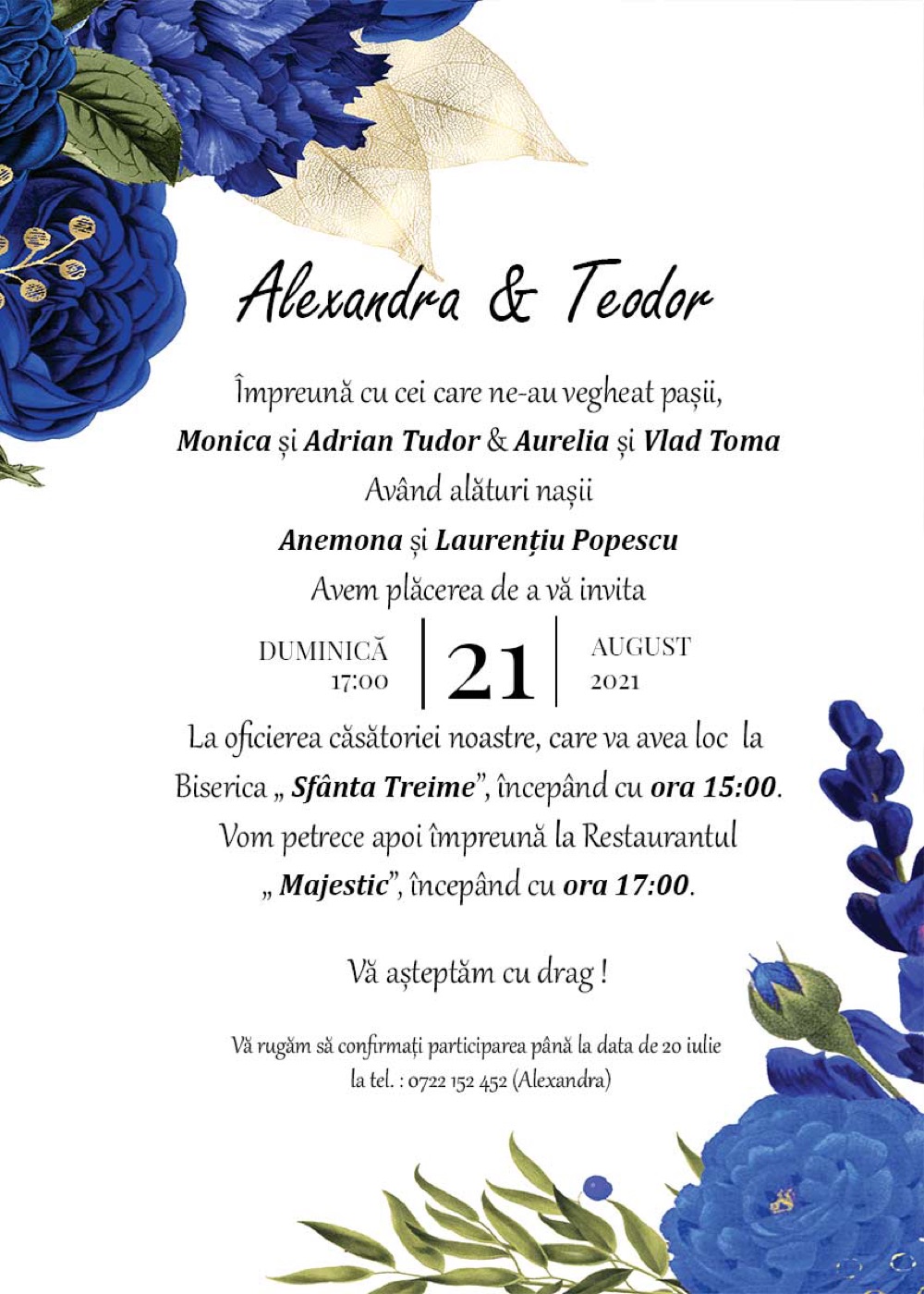 Invitație digitală de nuntă, modelul Blue Bouquets