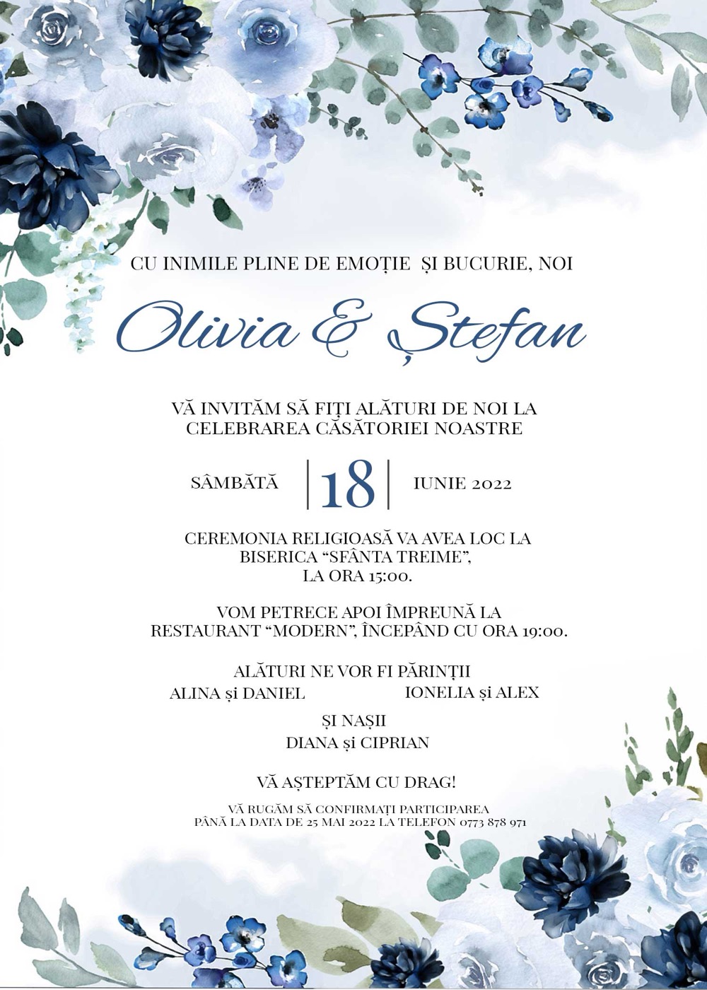 Invitație digitală de nuntă, modelul Blue Touch