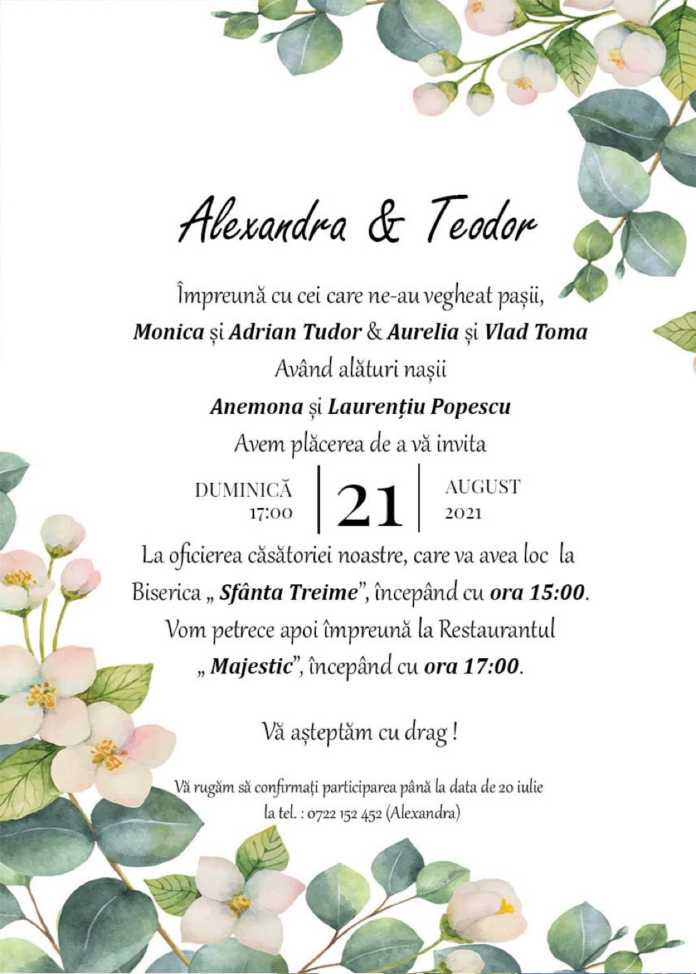 Invitație digitală de nuntă, modelul Botanical White Flowers