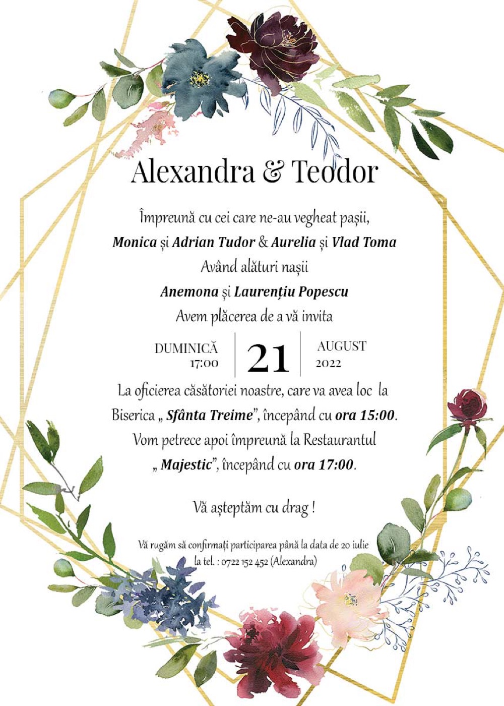 Invitație digitală de nuntă, modelul Geometric Flowers