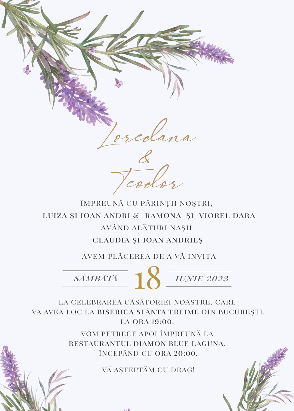 Invitație digitală de nuntă, modelul Lavender Romance