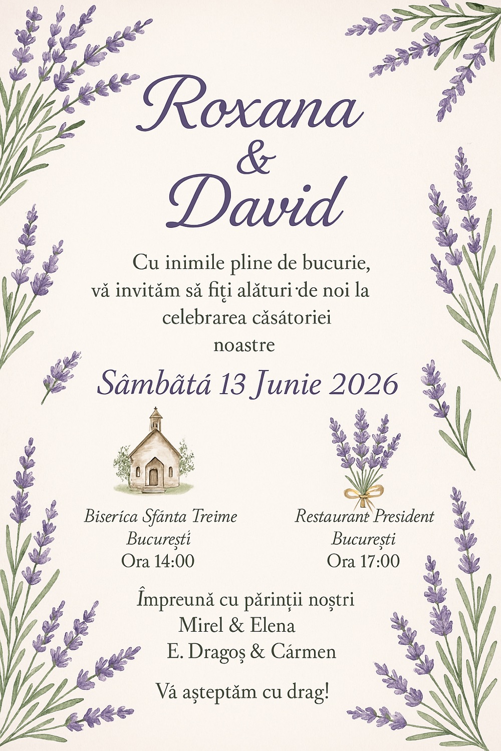 Invitație digitală de nuntă, modelul Lavender Whispers
