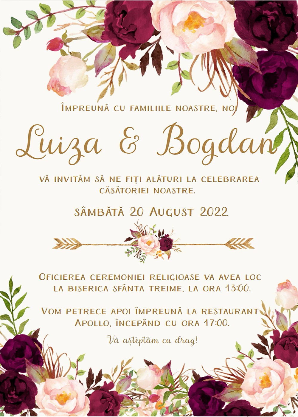 Invitație digitală de nuntă, modelul Loving Flowers