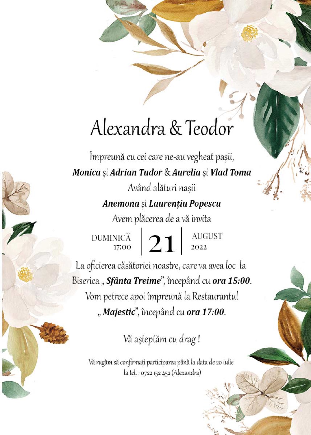 Invitație digitală de nuntă, modelul Magnolia