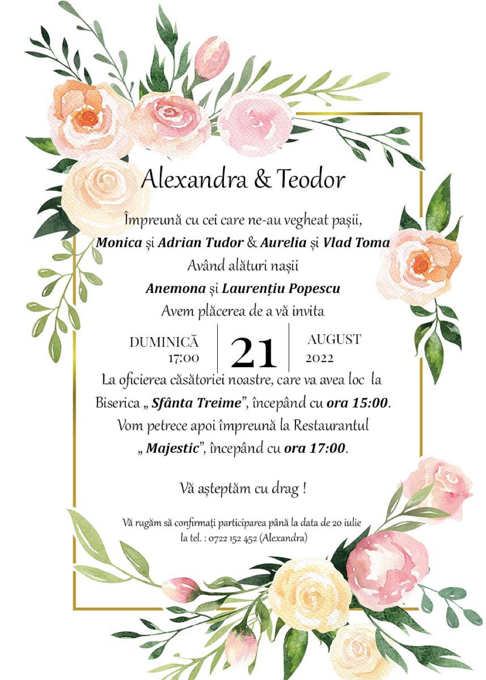 Invitație digitală de nuntă, modelul Pink Botanical Wreath