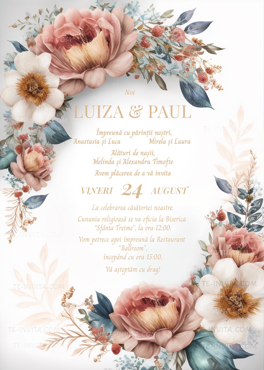 Invitație digitală de nuntă, modelul Romantic