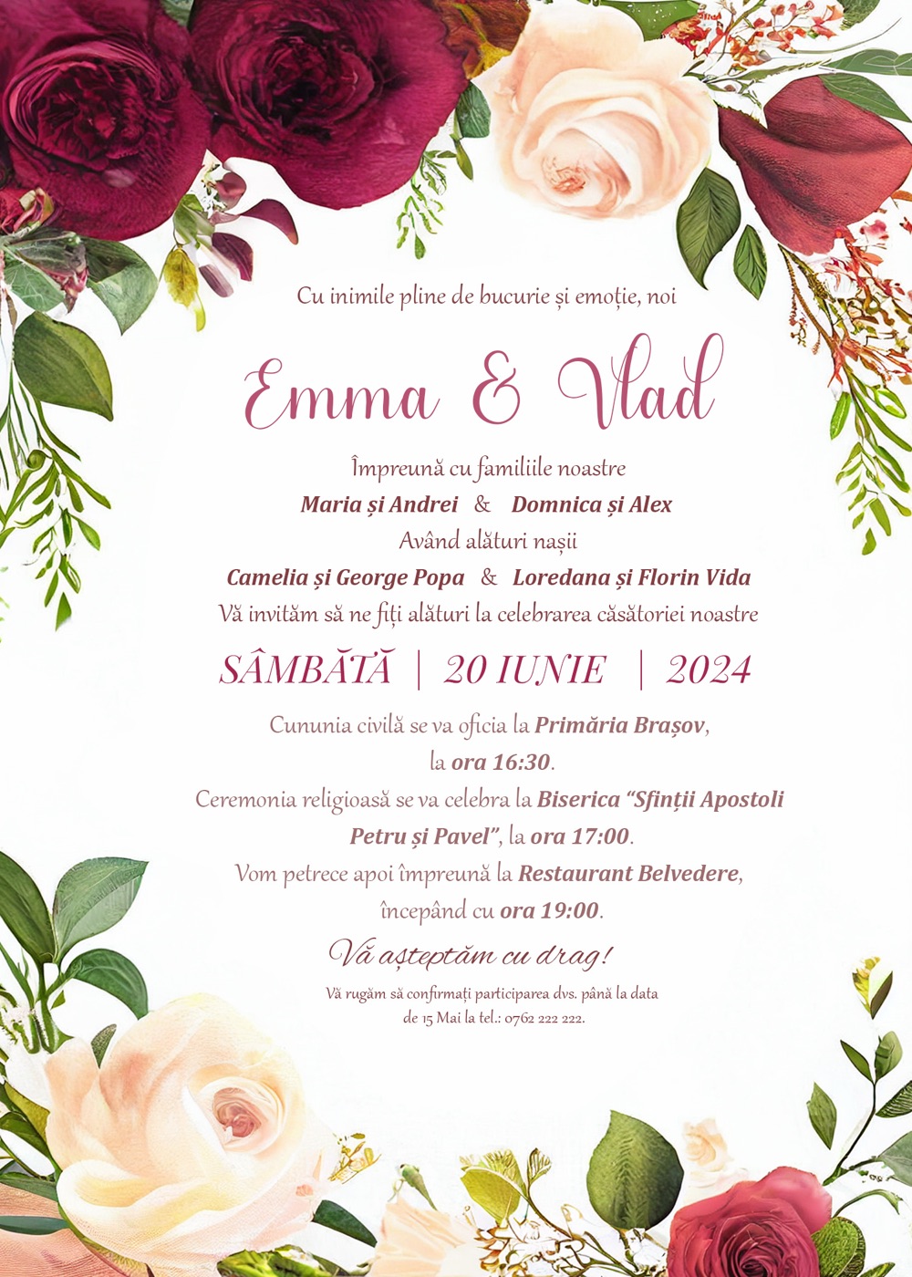 Invitație digitală de nuntă, modelul Rose Love