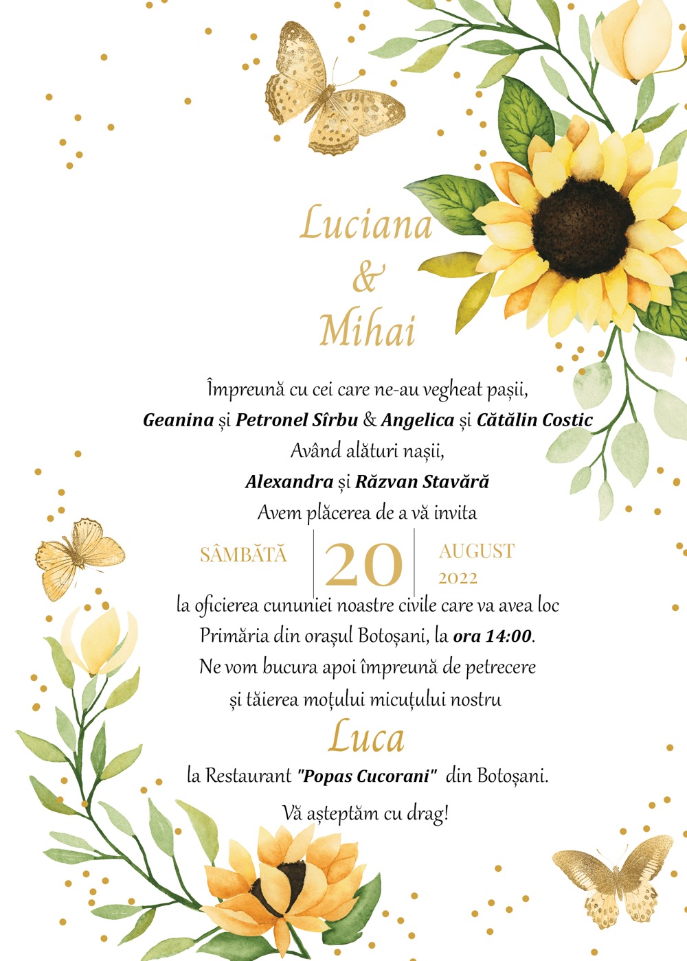 Invitație digitală de nuntă, modelul Sunflower