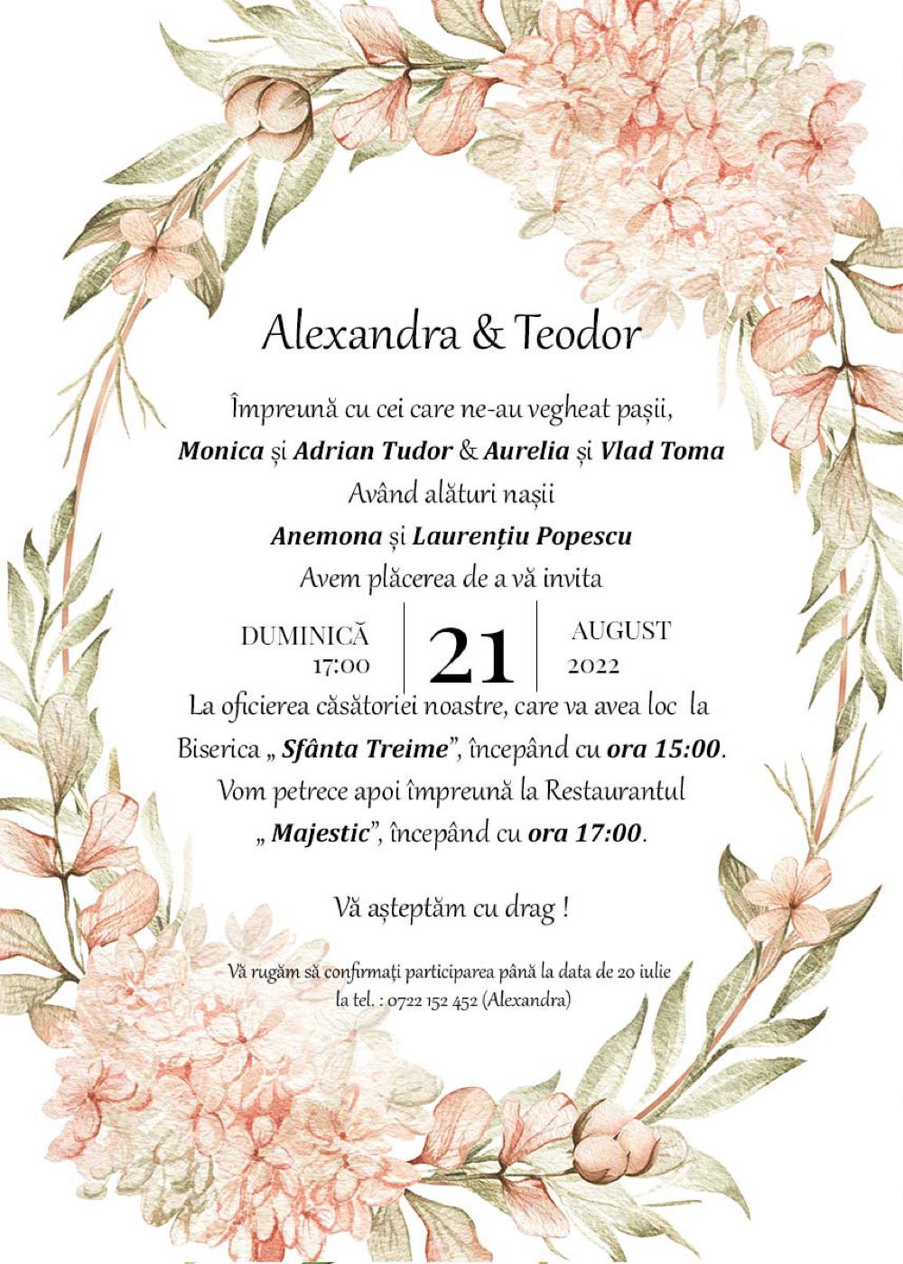 Invitație digitală de nuntă, modelul Vintage Hydrangea