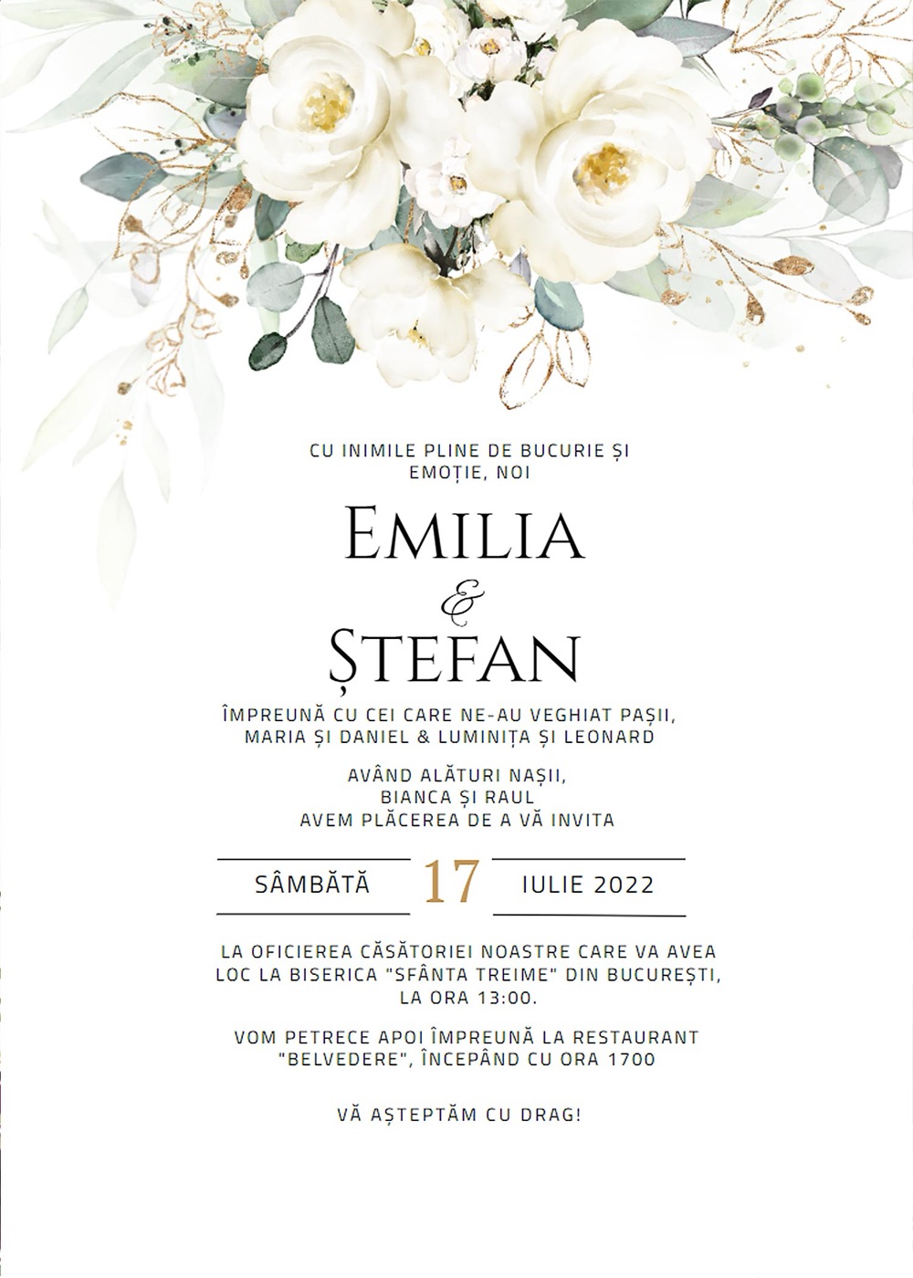 Invitație digitală de nuntă, modelul White Flowers